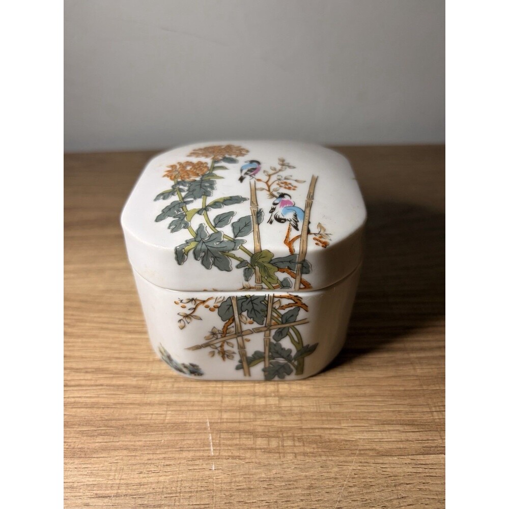 Vintage Enesco Porcelain Trinket Box Birds Floral Asian Motif Made Korea